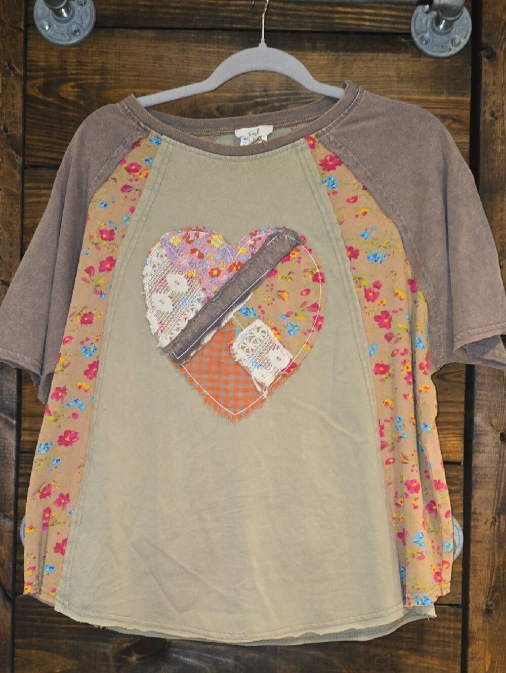 Easel Olive & Brown Patchwork Heart Raglan Tee With Matching Ruffle Tank Dress - Picture 3 of 5